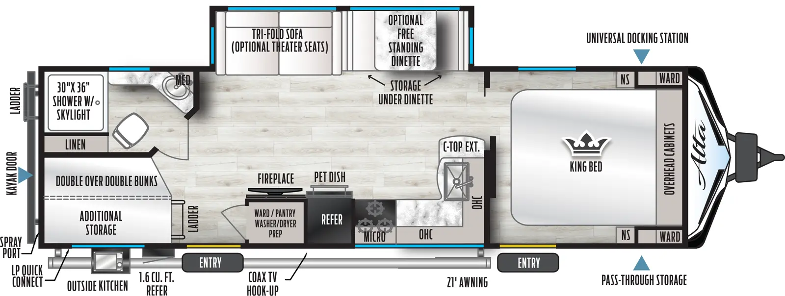 Has a super slide on the off-door-side with a sleeper sofa and booth that can be optioned with theater seats IPO the sofa or table and chairs IPO the booth. There are two entry doors on the awing or door-side of the unit. Layout from front to back-  secondary entry with King size bed that runs north and south, slider door into a walk through bath with a 30x36 shower, vanity, porcelain toilet with linen storage next to the shower, with another slider out of the back of the bathroom toward the rear of the unit. To the right on the off-door side is the super slide and to the left on the door-side is an L-shaped kitchen with overheads, range with a microwave above it, refer, and TV with pantry/ closet behind it. Then about 2/3rd of the way down on the door-side is the main entry followed by a double over double bunk in the rear door-side corner of the unit. In the rear off-door corner is the bathroom with a 30x36 shower, vanity an porcelain toilet.
